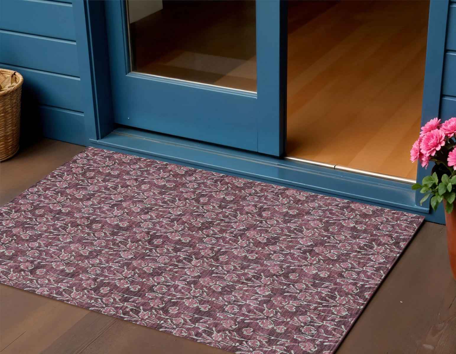 3' X 5' Merlot Mauve And Ivory Floral Washable Indoor Outdoor Area Rug