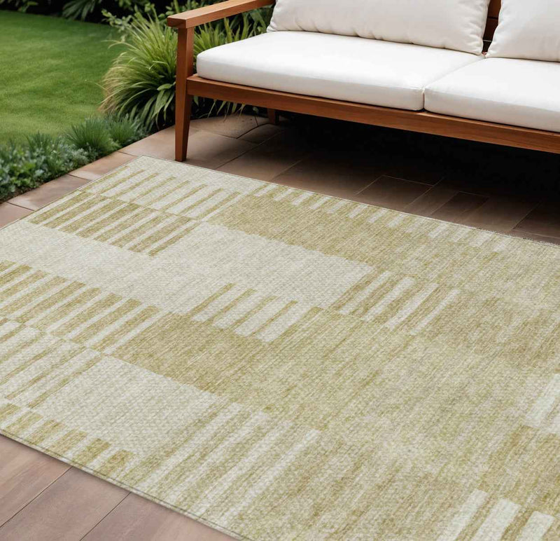10' X 14' Beige And Ivory Striped Washable Indoor Outdoor Area Rug