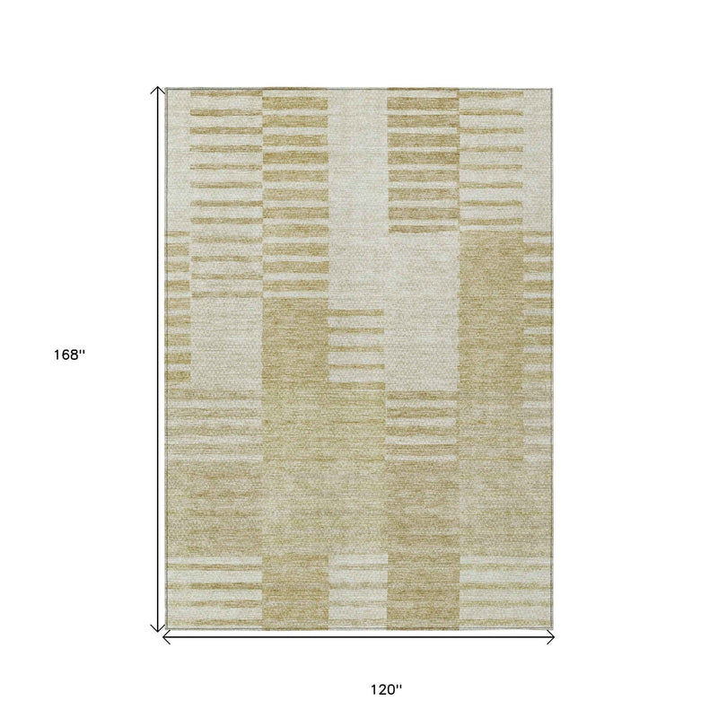 10' X 14' Beige And Ivory Striped Washable Indoor Outdoor Area Rug