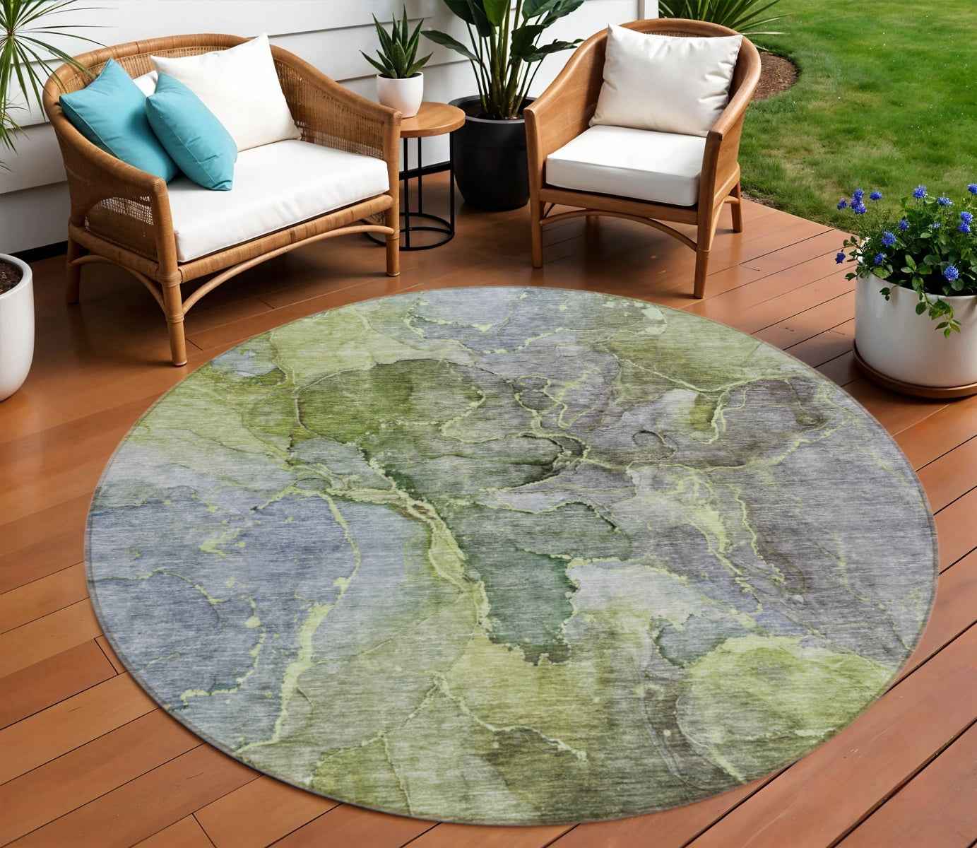 8' Olive Green And Gray Round Abstract Washable Indoor Outdoor Area Rug