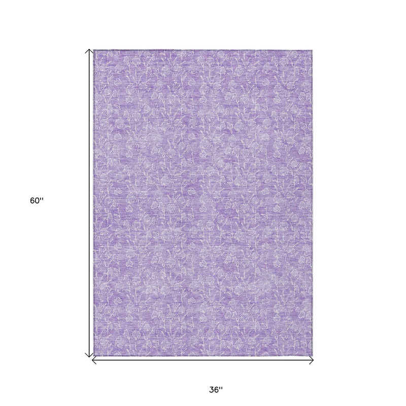 3' X 5' Lilac And Ivory Floral Washable Indoor Outdoor Area Rug