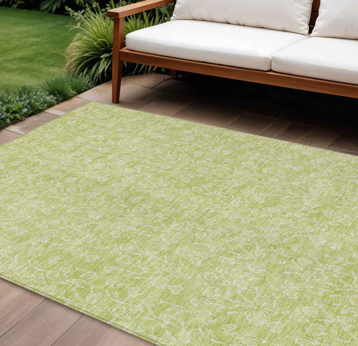 10' X 14' Artichoke Green And Ivory Floral Washable Indoor Outdoor Area Rug