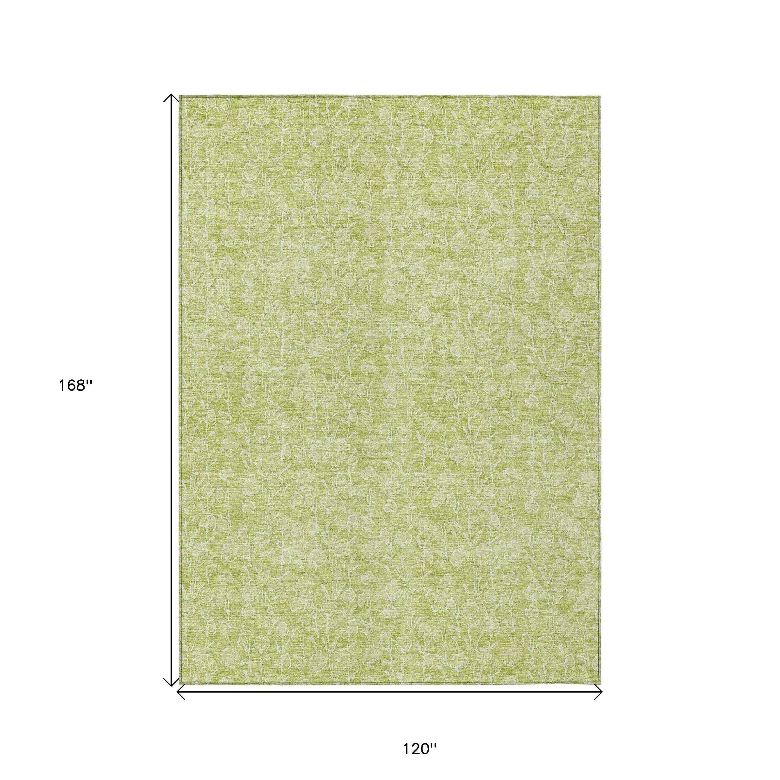 10' X 14' Artichoke Green And Ivory Floral Washable Indoor Outdoor Area Rug