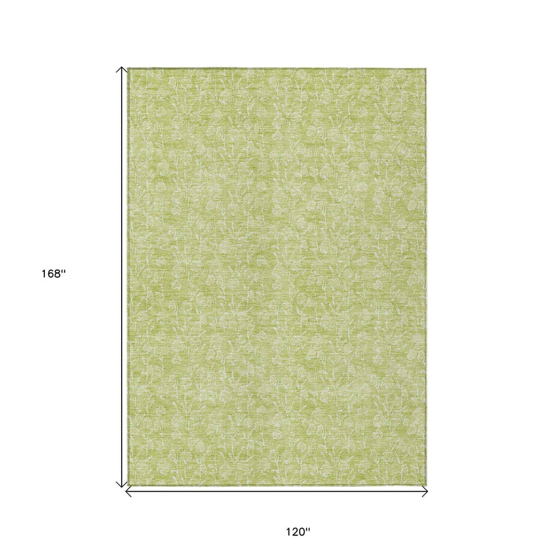 10' X 14' Artichoke Green And Ivory Floral Washable Indoor Outdoor Area Rug
