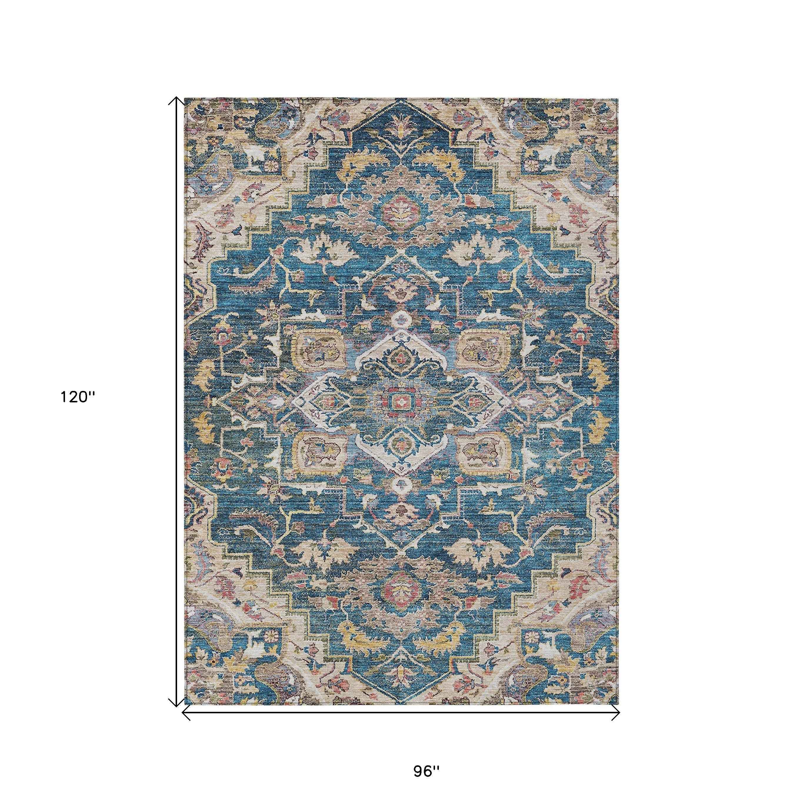 8' X 10' Blue Beige And Gold Oriental Washable Indoor Outdoor Area Rug