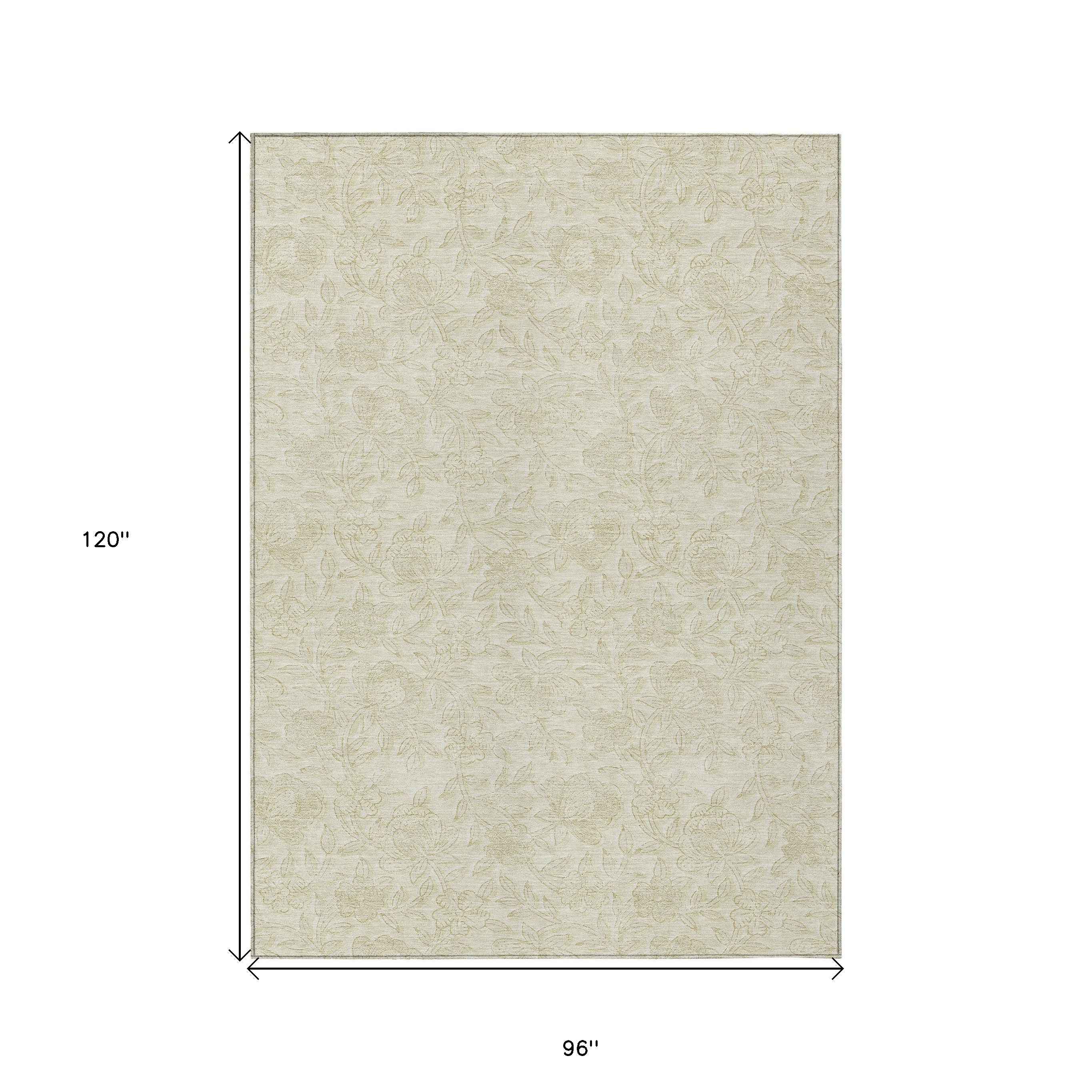 8' X 10' Ivory And Beige Floral Washable Indoor Outdoor Area Rug