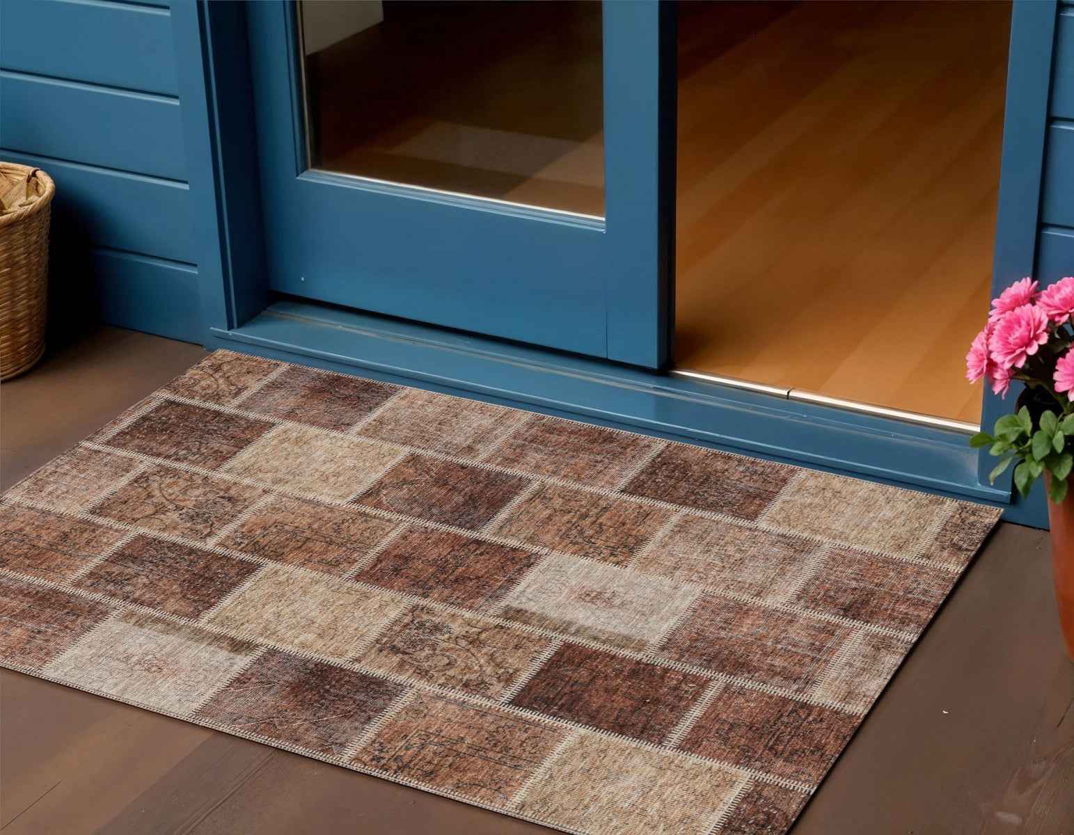 3' X 5' Orange Copper And Beige Patchwork Washable Indoor Outdoor Area Rug