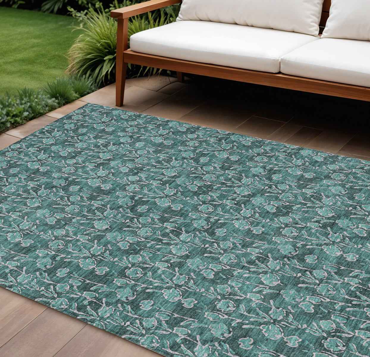 9' X 12' Teal Blue Aqua And Ivory Floral Washable Indoor Outdoor Area Rug