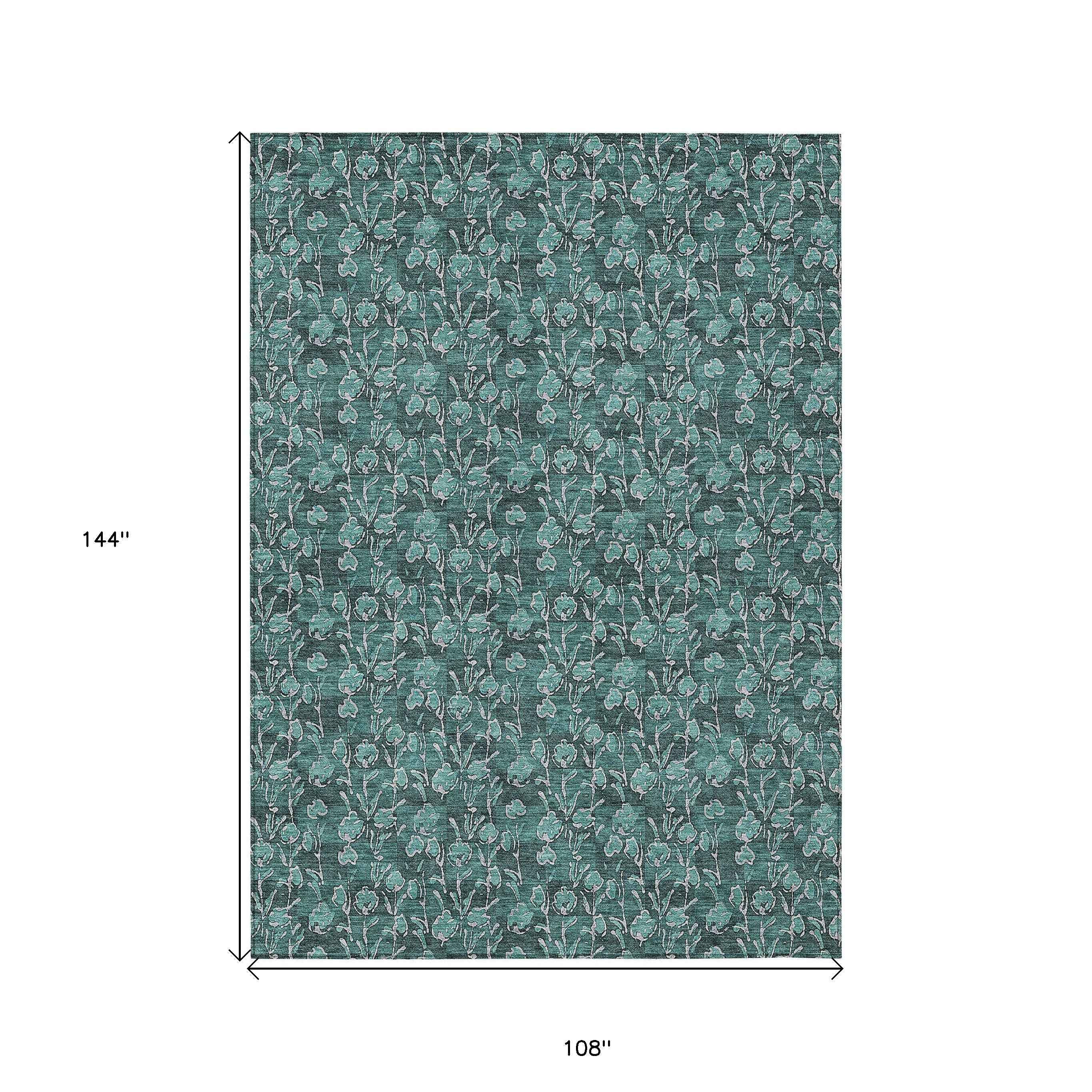 9' X 12' Teal Blue Aqua And Ivory Floral Washable Indoor Outdoor Area Rug