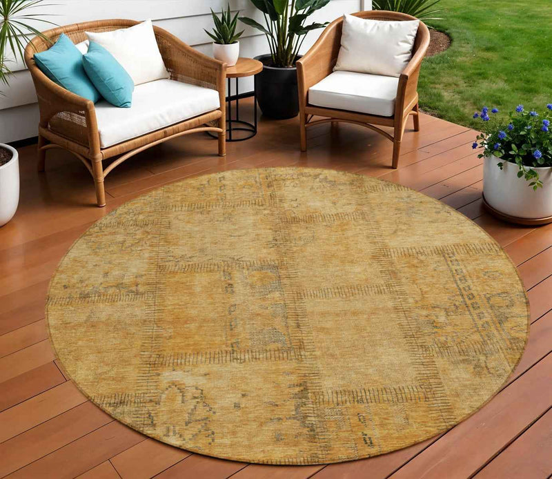 8' Peach Gray And Charcoal Round Patchwork Washable Indoor Outdoor Area Rug