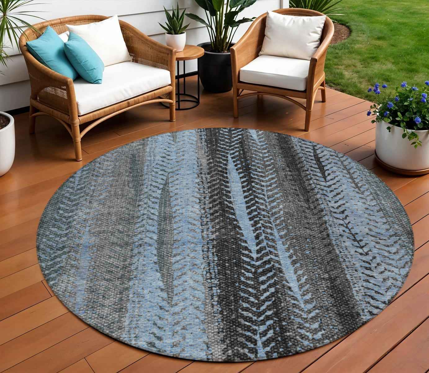 8' Blue Gray And Charcoal Round Botanical Leaves Washable Indoor Outdoor Area Rug