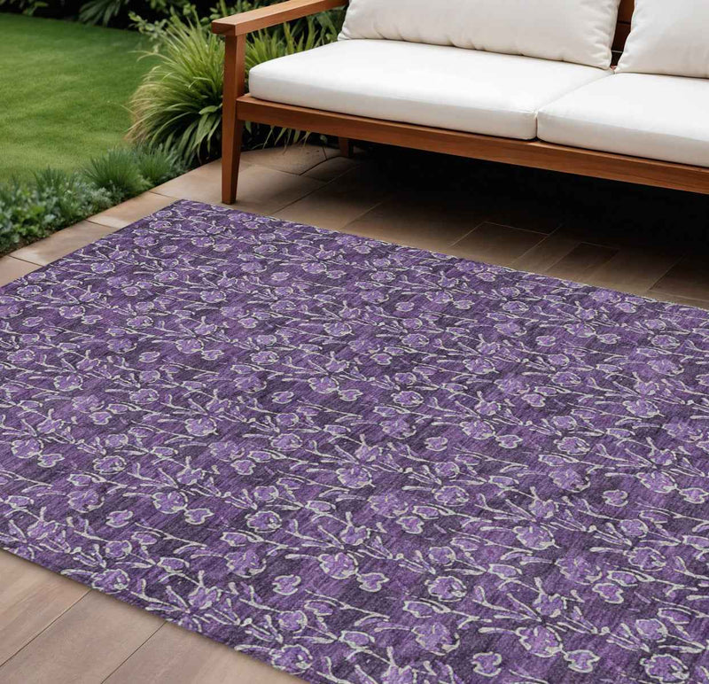 10' X 14' Purple Eggplant And Ivory Floral Washable Indoor Outdoor Area Rug
