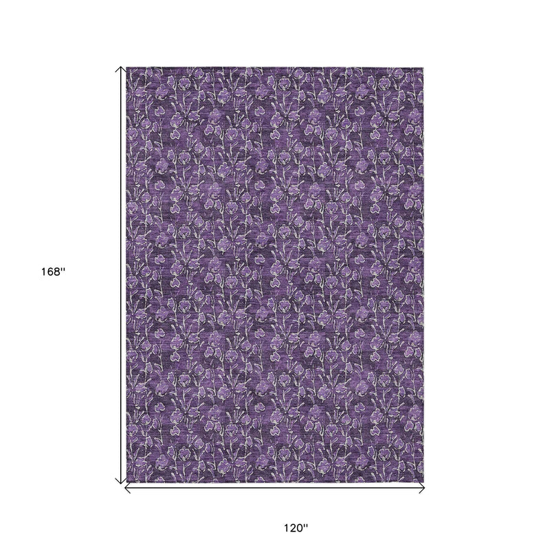 10' X 14' Purple Eggplant And Ivory Floral Washable Indoor Outdoor Area Rug