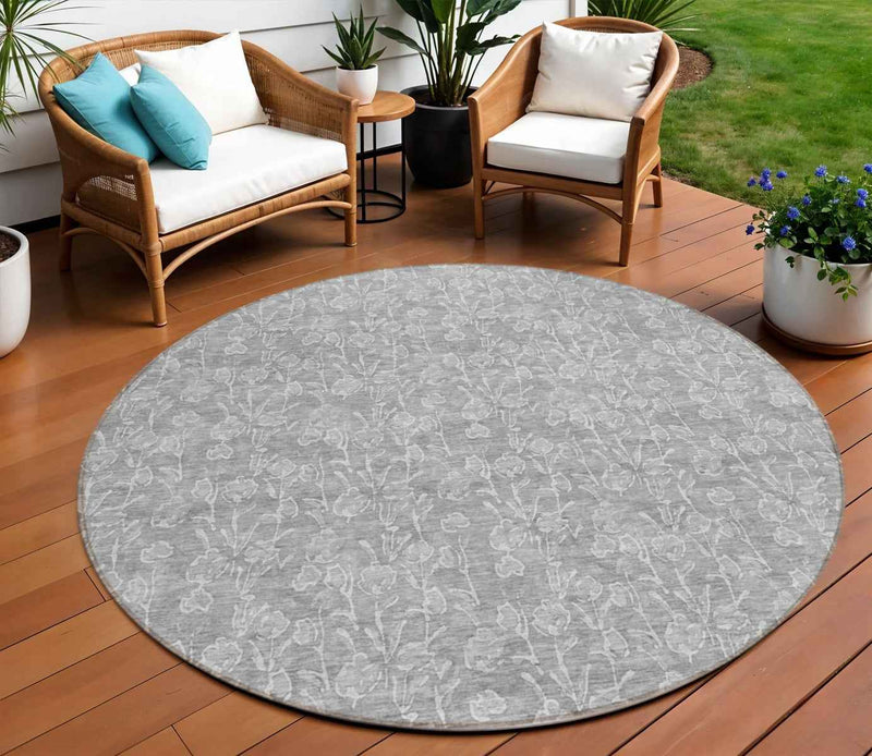 8' Silver And Ivory Round Floral Washable Indoor Outdoor Area Rug