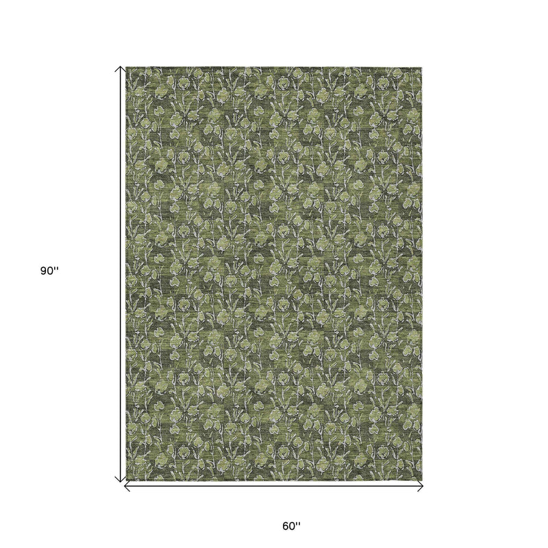 5' X 8' Olive Green Artichoke Green And Ivory Floral Washable Indoor Outdoor Area Rug
