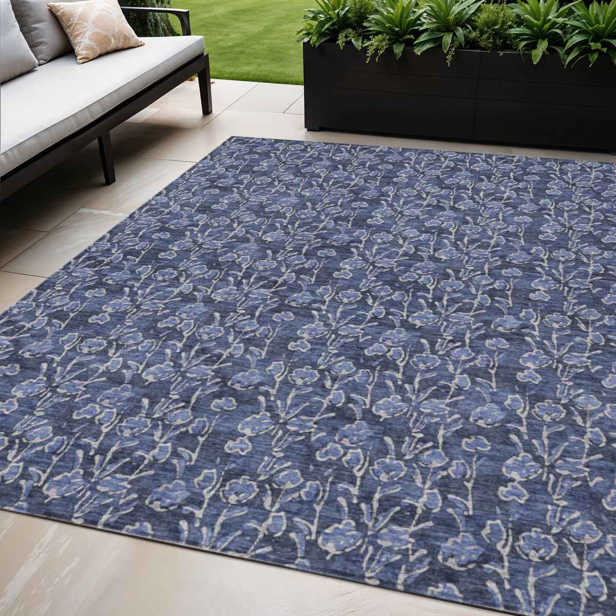 5' X 8' Navy Blue Denim Blue And Ivory Floral Washable Indoor Outdoor Area Rug