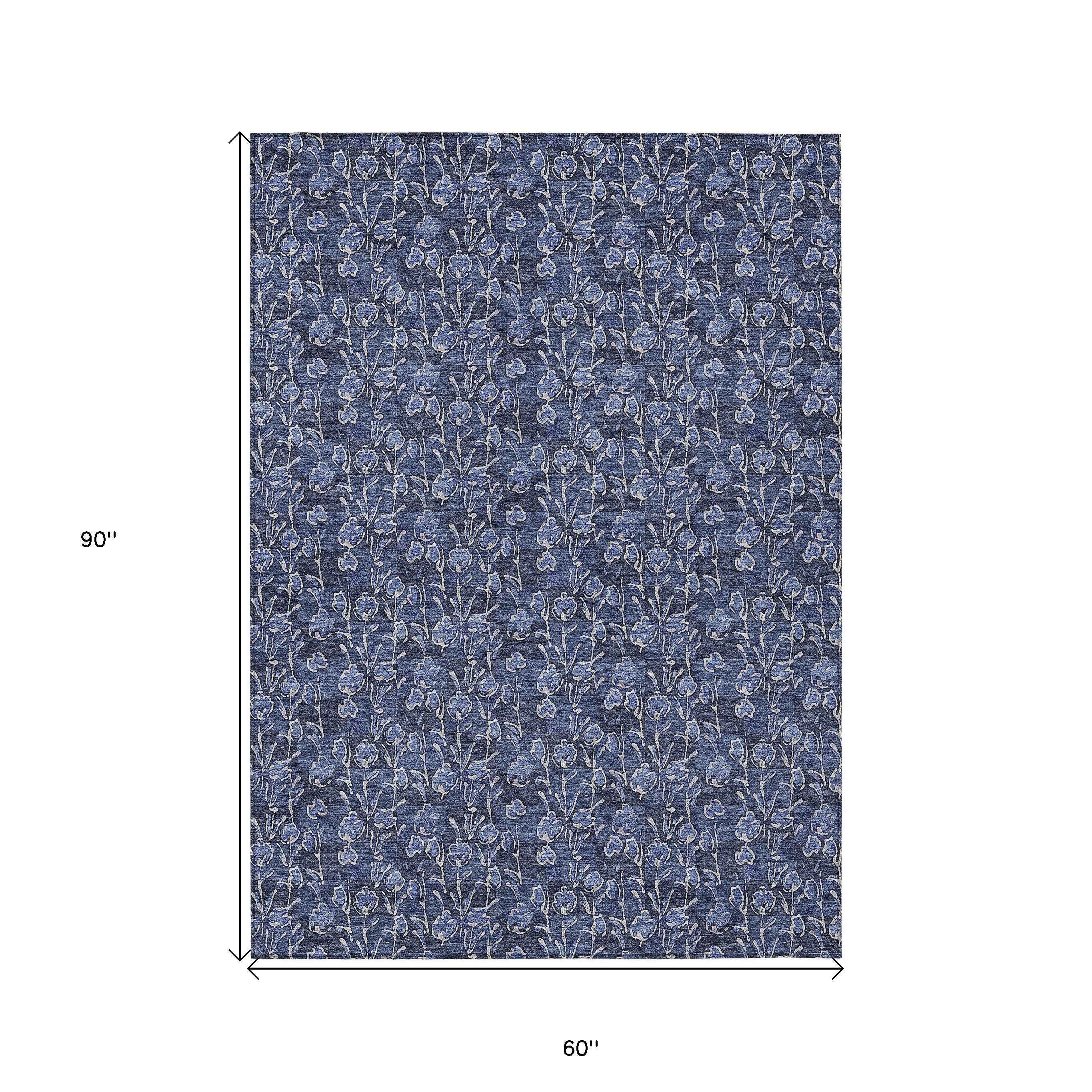 5' X 8' Navy Blue Denim Blue And Ivory Floral Washable Indoor Outdoor Area Rug