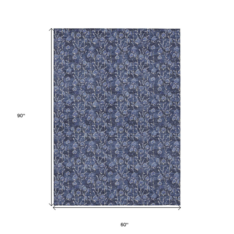 5' X 8' Navy Blue Denim Blue And Ivory Floral Washable Indoor Outdoor Area Rug