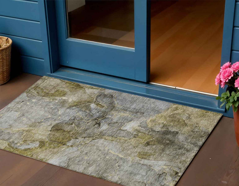 3' X 5' Taupe Brown And Gray Abstract Washable Indoor Outdoor Area Rug