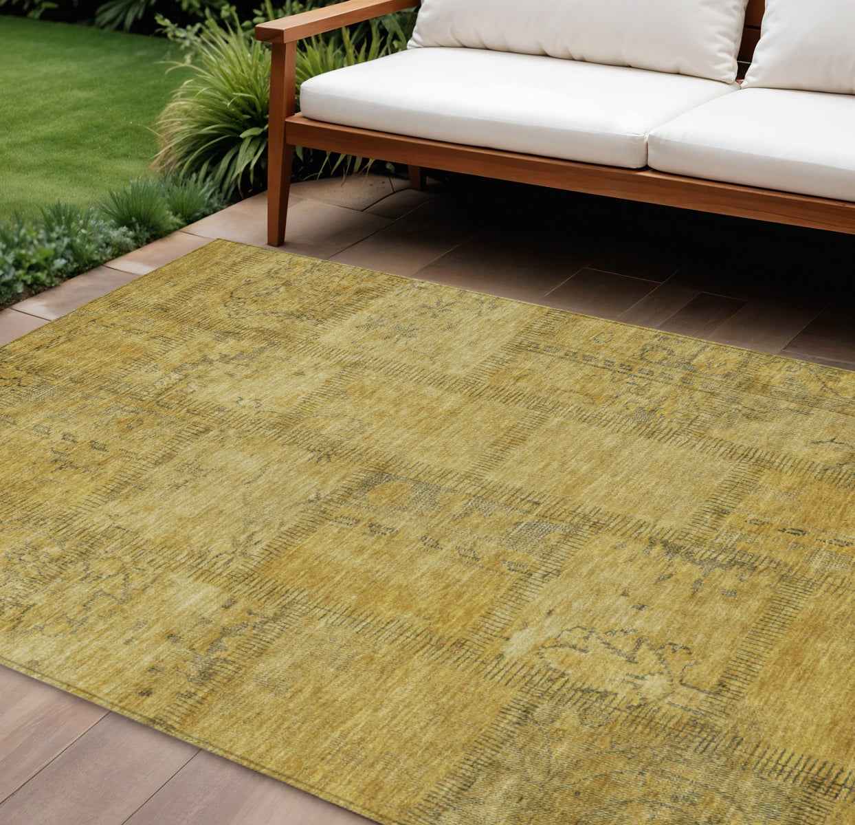 9' X 12' Gold Wheat And Gray Patchwork Washable Indoor Outdoor Area Rug