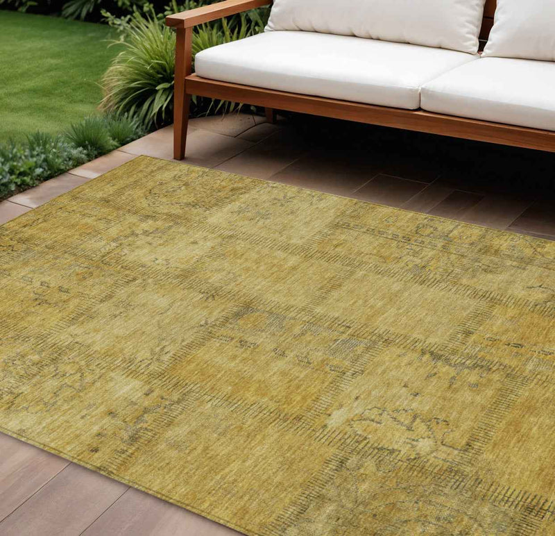 9' X 12' Gold Wheat And Gray Patchwork Washable Indoor Outdoor Area Rug