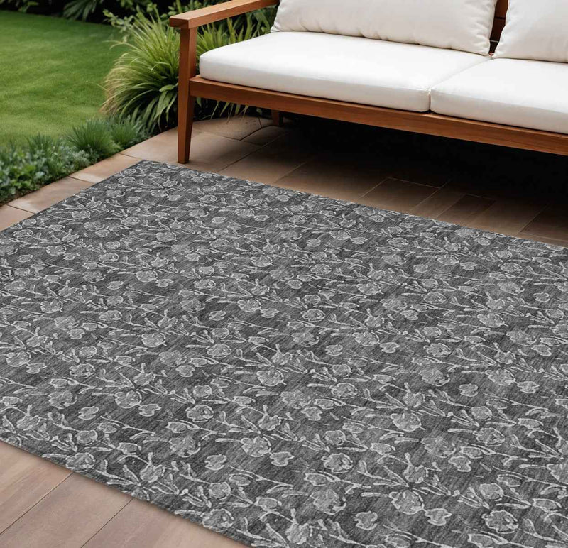 9' X 12' Gray Charcoal And Silver Floral Washable Indoor Outdoor Area Rug