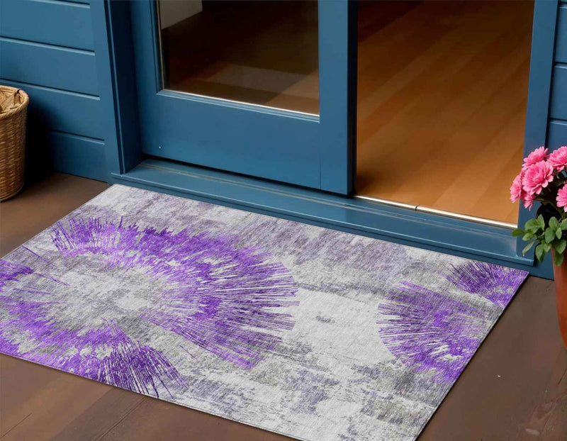 3' X 5' Purple Gray And Charcoal Abstract Washable Indoor Outdoor Area Rug