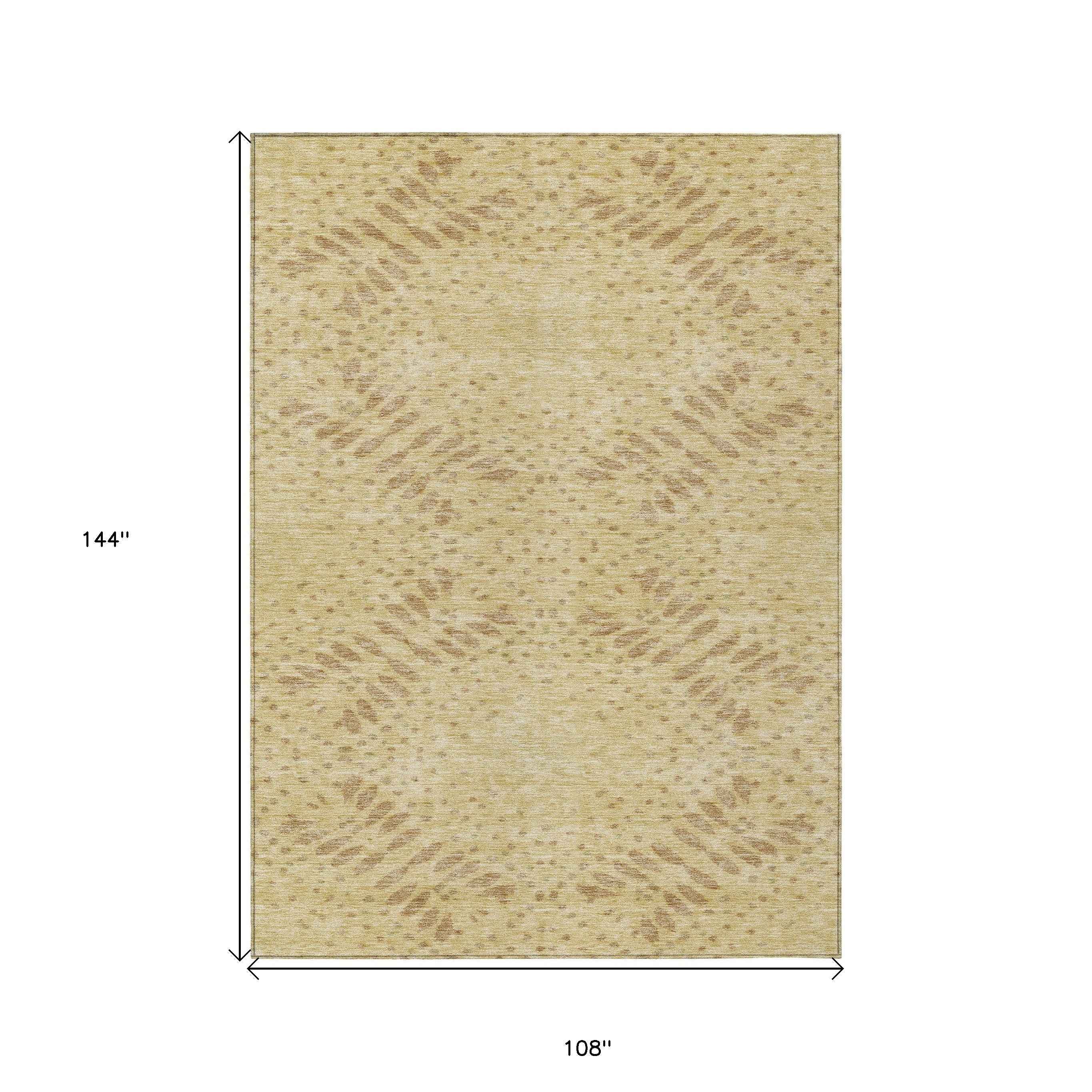 9' X 12' Gold Beige And Taupe Floral Washable Indoor Outdoor Area Rug