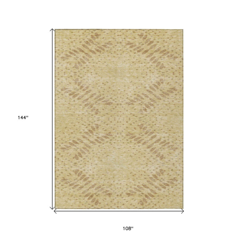 9' X 12' Gold Beige And Taupe Floral Washable Indoor Outdoor Area Rug