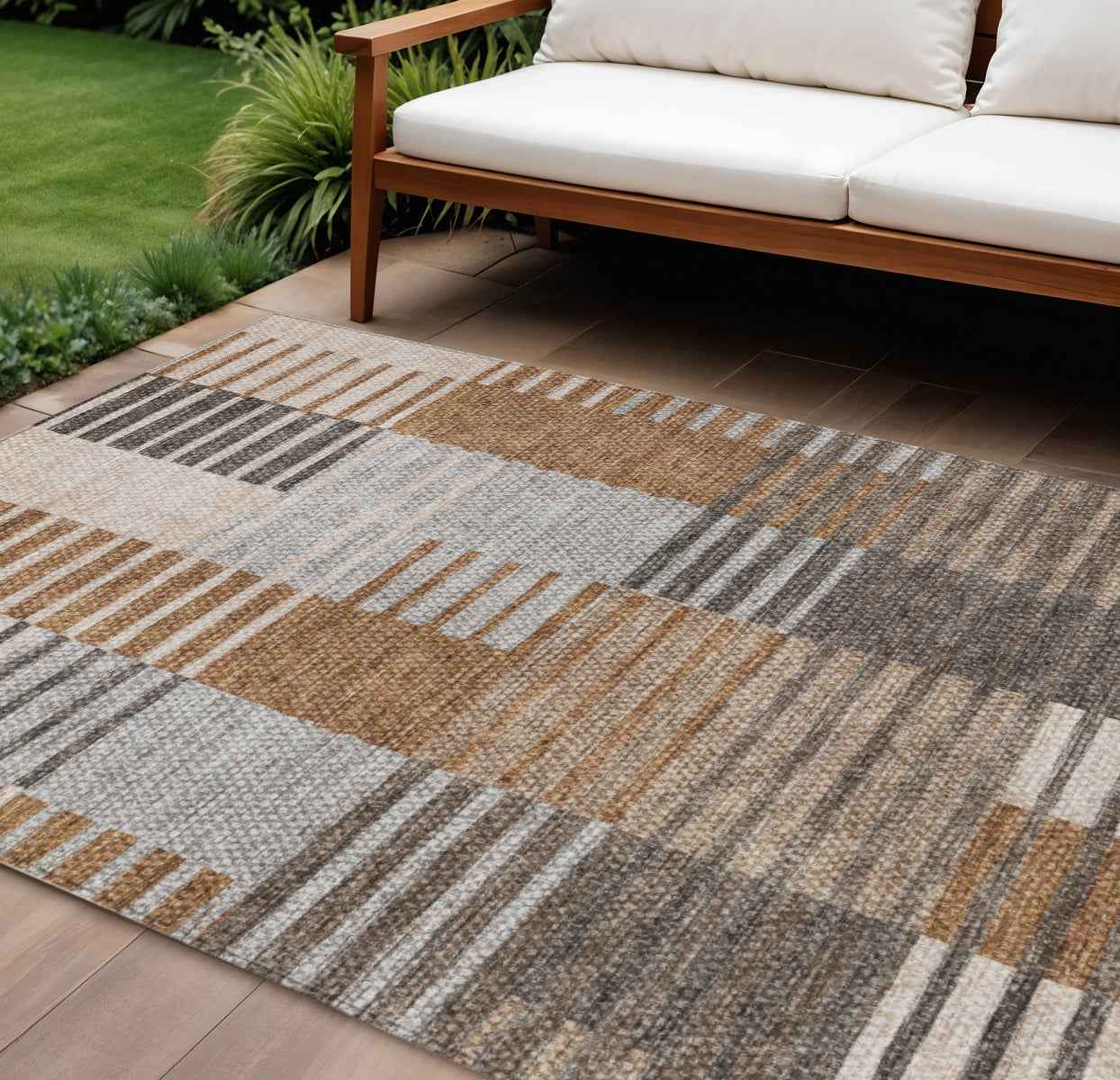10' X 14' Chocolate And Gray Striped Washable Indoor Outdoor Area Rug