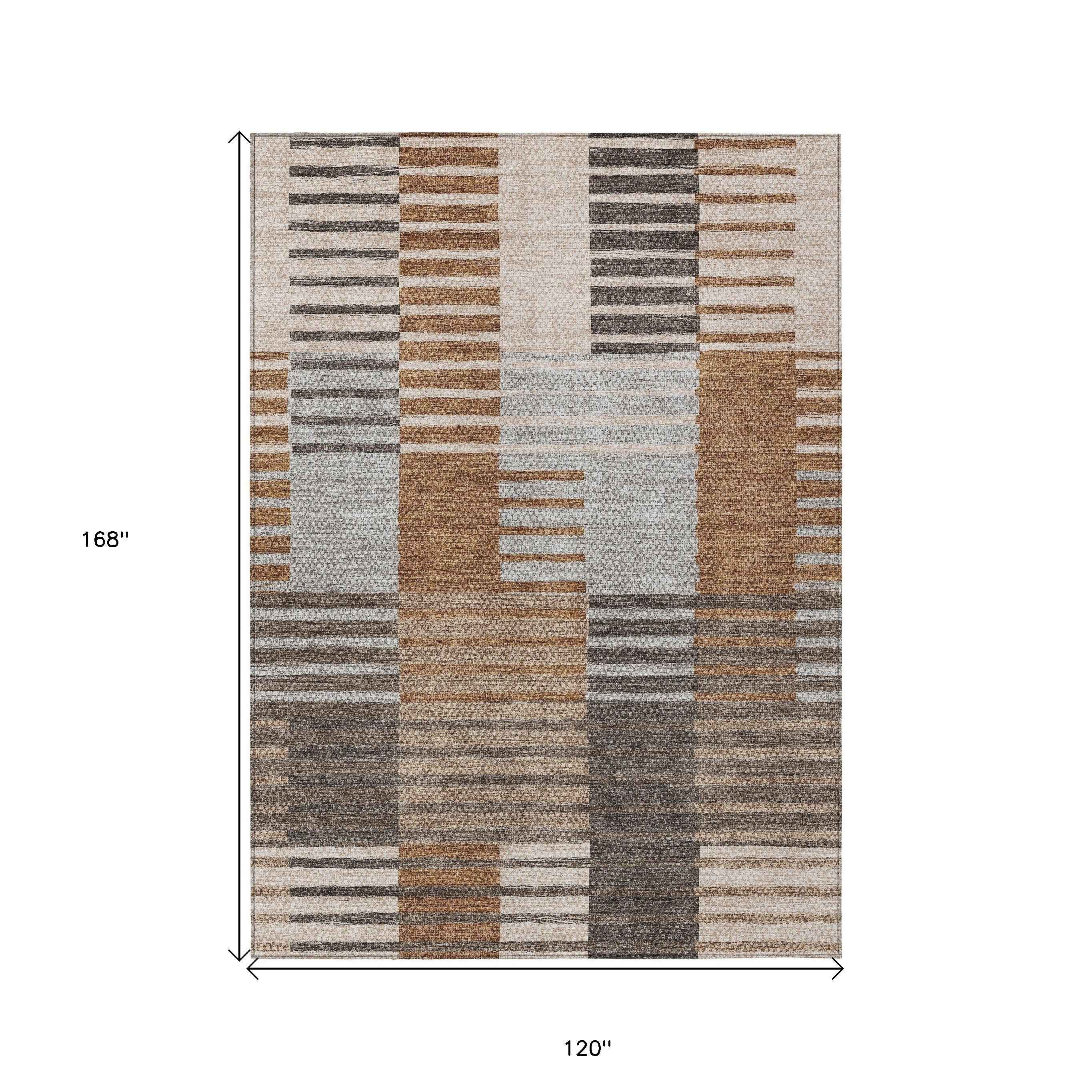 10' X 14' Chocolate And Gray Striped Washable Indoor Outdoor Area Rug