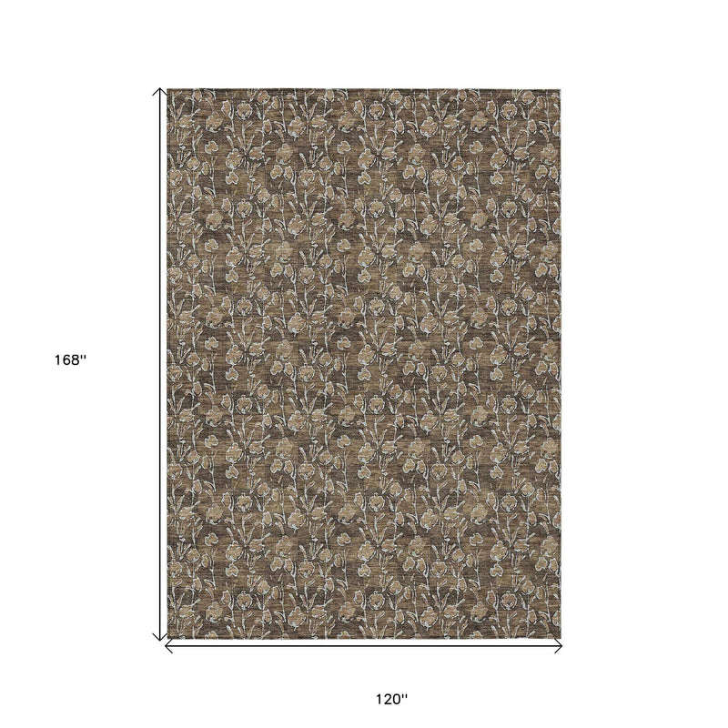 10' X 14' Brown And Ivory Floral Washable Indoor Outdoor Area Rug