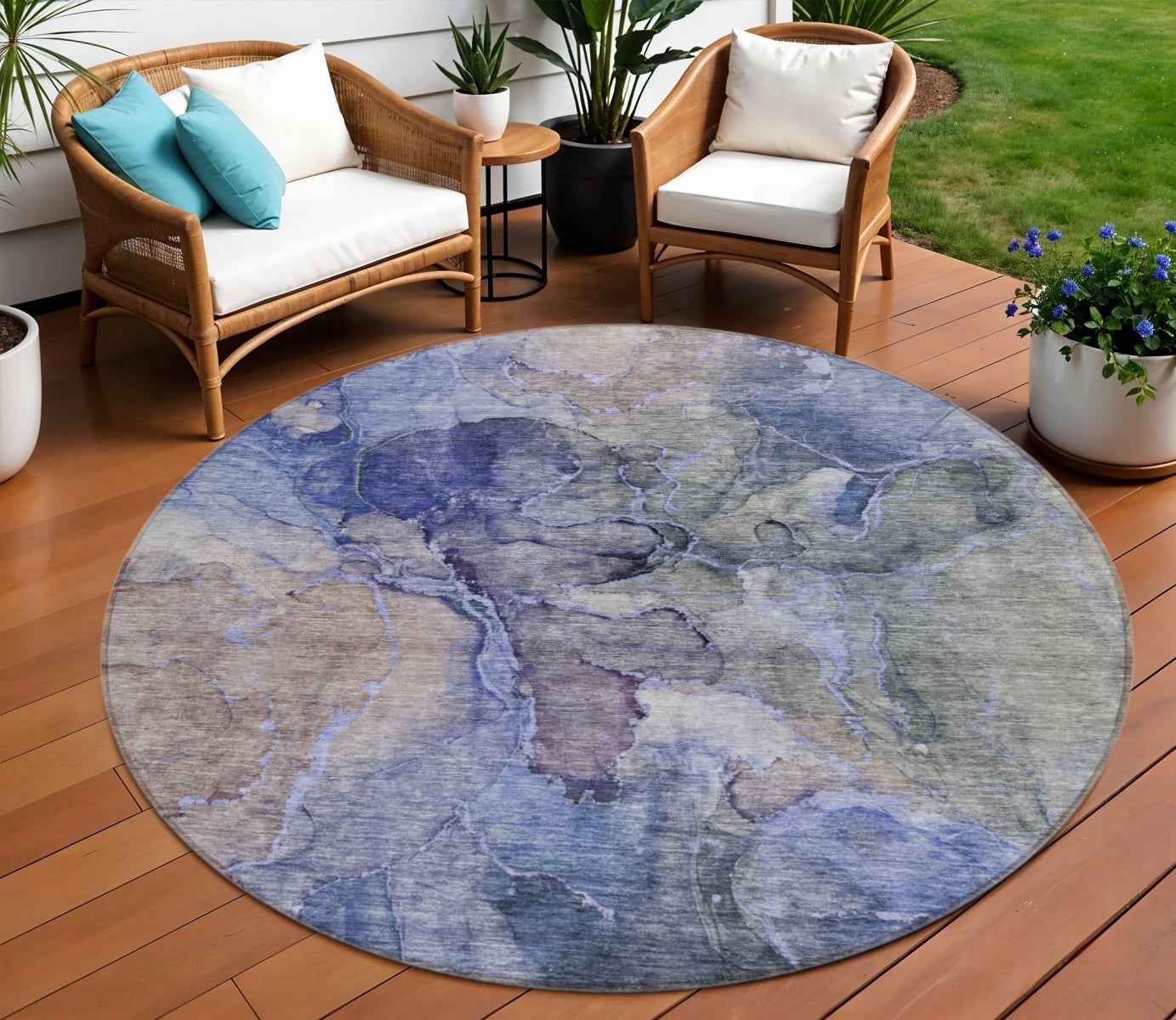 8' Navy Blue And Beige Round Abstract Washable Indoor Outdoor Area Rug