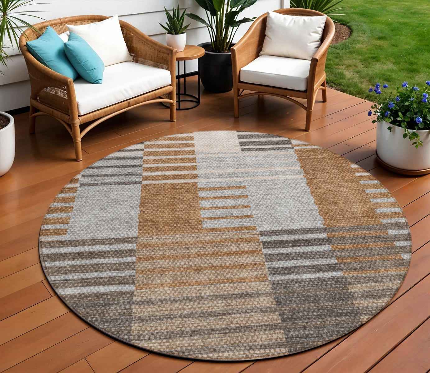 8' Chocolate And Gray Round Striped Washable Indoor Outdoor Area Rug