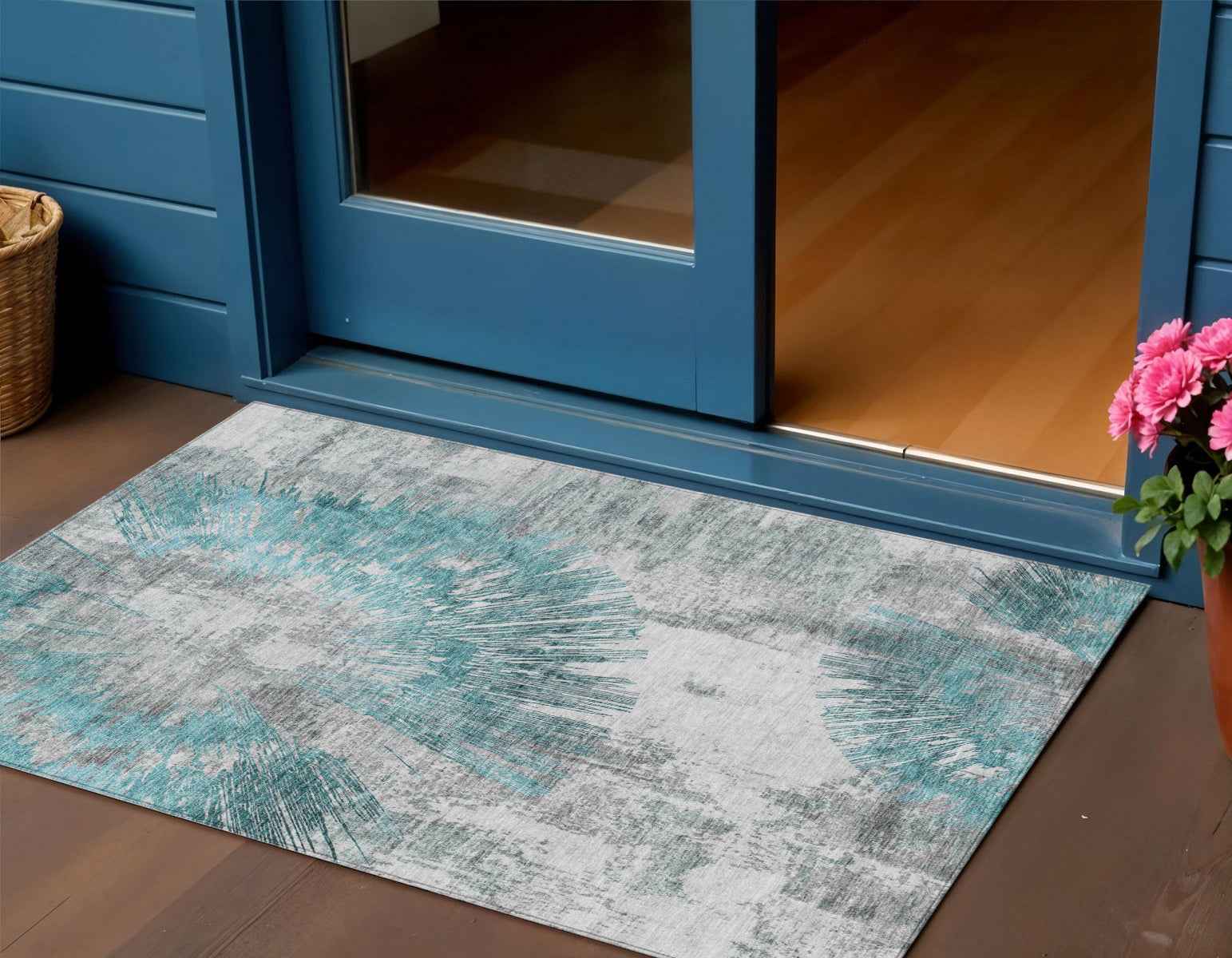 3' X 5' Teal Blue Aqua And Gray Abstract Washable Indoor Outdoor Area Rug