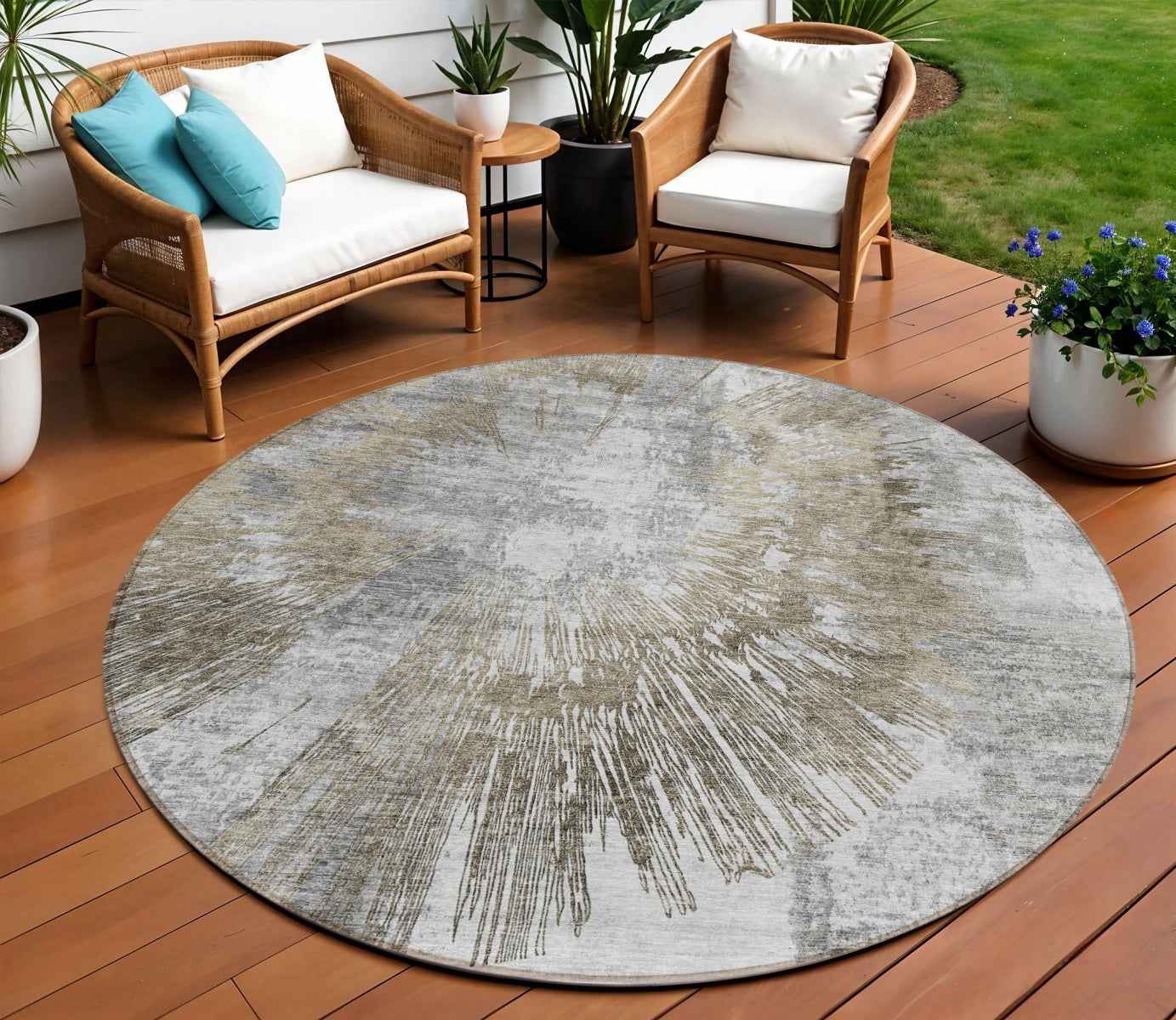 8' Taupe Beige And Brown Round Abstract Washable Indoor Outdoor Area Rug