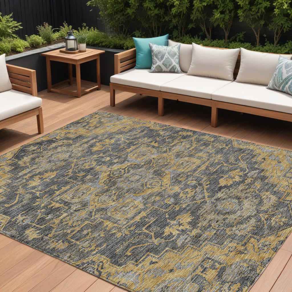 9' X 12' Gray Charcoal And Silver Oriental Washable Indoor Outdoor Area Rug