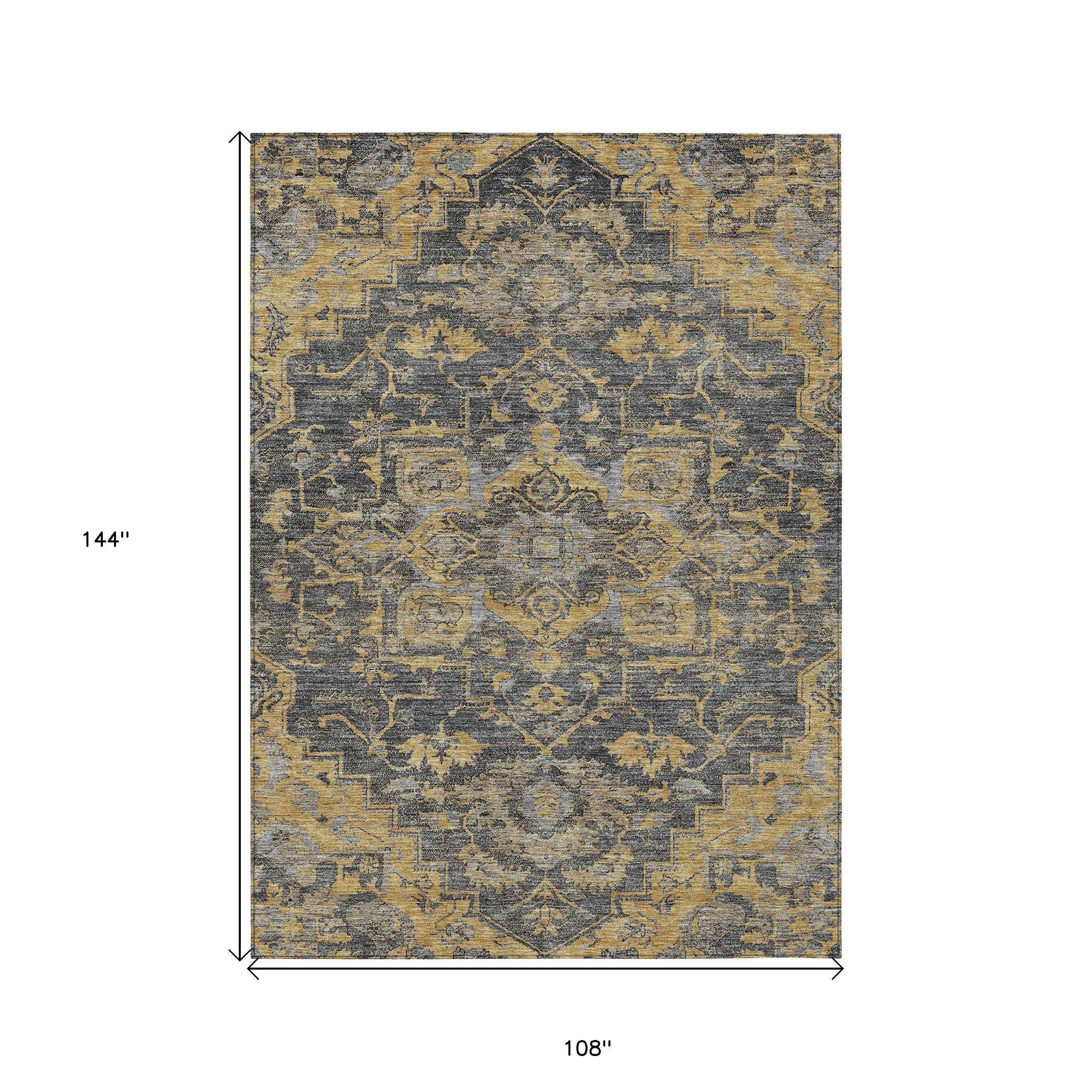 9' X 12' Gray Charcoal And Silver Oriental Washable Indoor Outdoor Area Rug