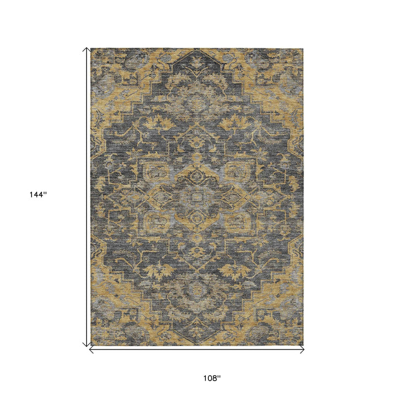 9' X 12' Gray Charcoal And Silver Oriental Washable Indoor Outdoor Area Rug