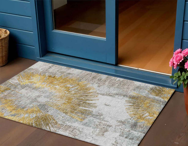 3' X 5' Gold Beige And Ivory Abstract Washable Indoor Outdoor Area Rug