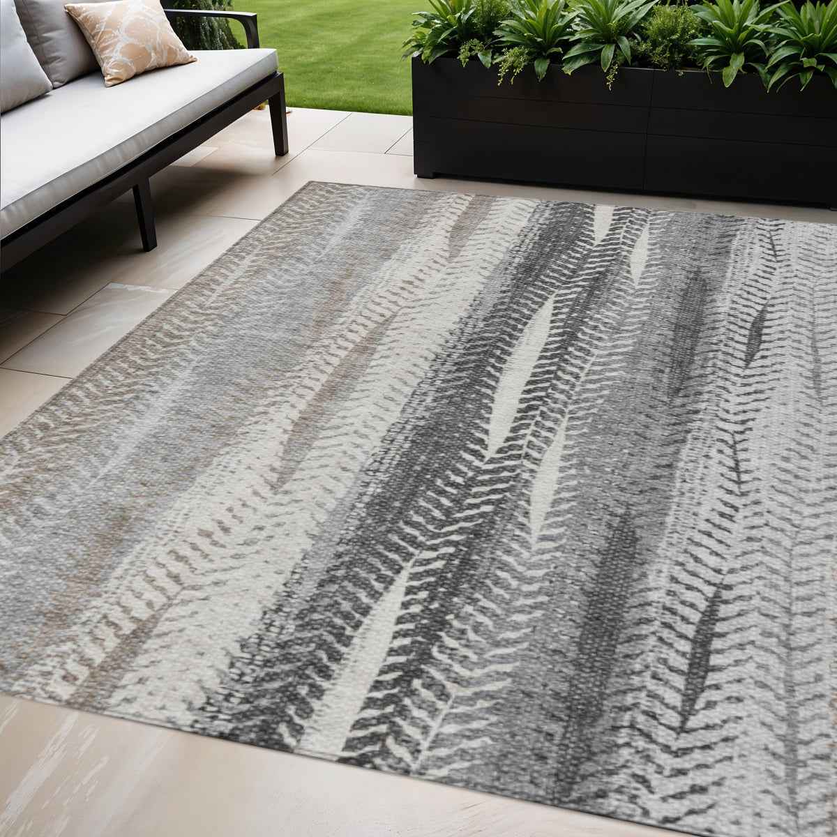 5' X 8' Khaki Ivory And Gray Botanical Leaves Washable Indoor Outdoor Area Rug