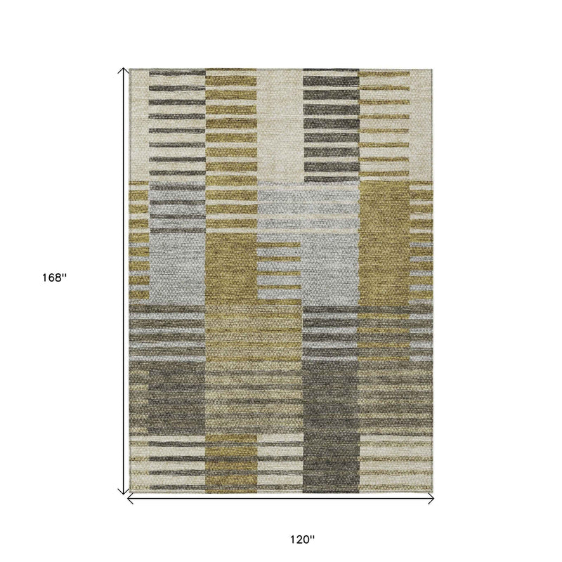 10' X 14' Brown Gold And Taupe Striped Washable Indoor Outdoor Area Rug