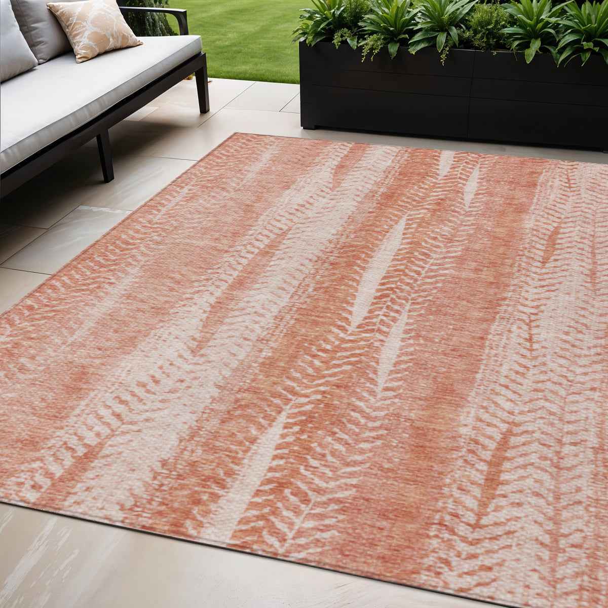 5' X 8' Orange And Salmon Botanical Leaves Washable Indoor Outdoor Area Rug