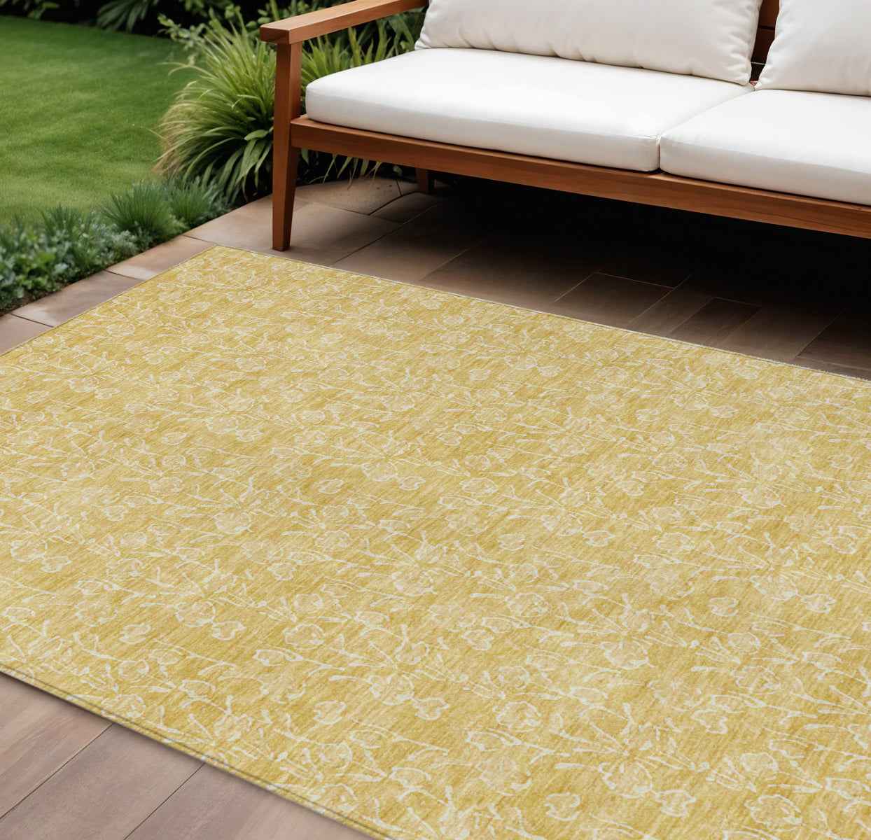 9' X 12' Gold And Ivory Floral Washable Indoor Outdoor Area Rug