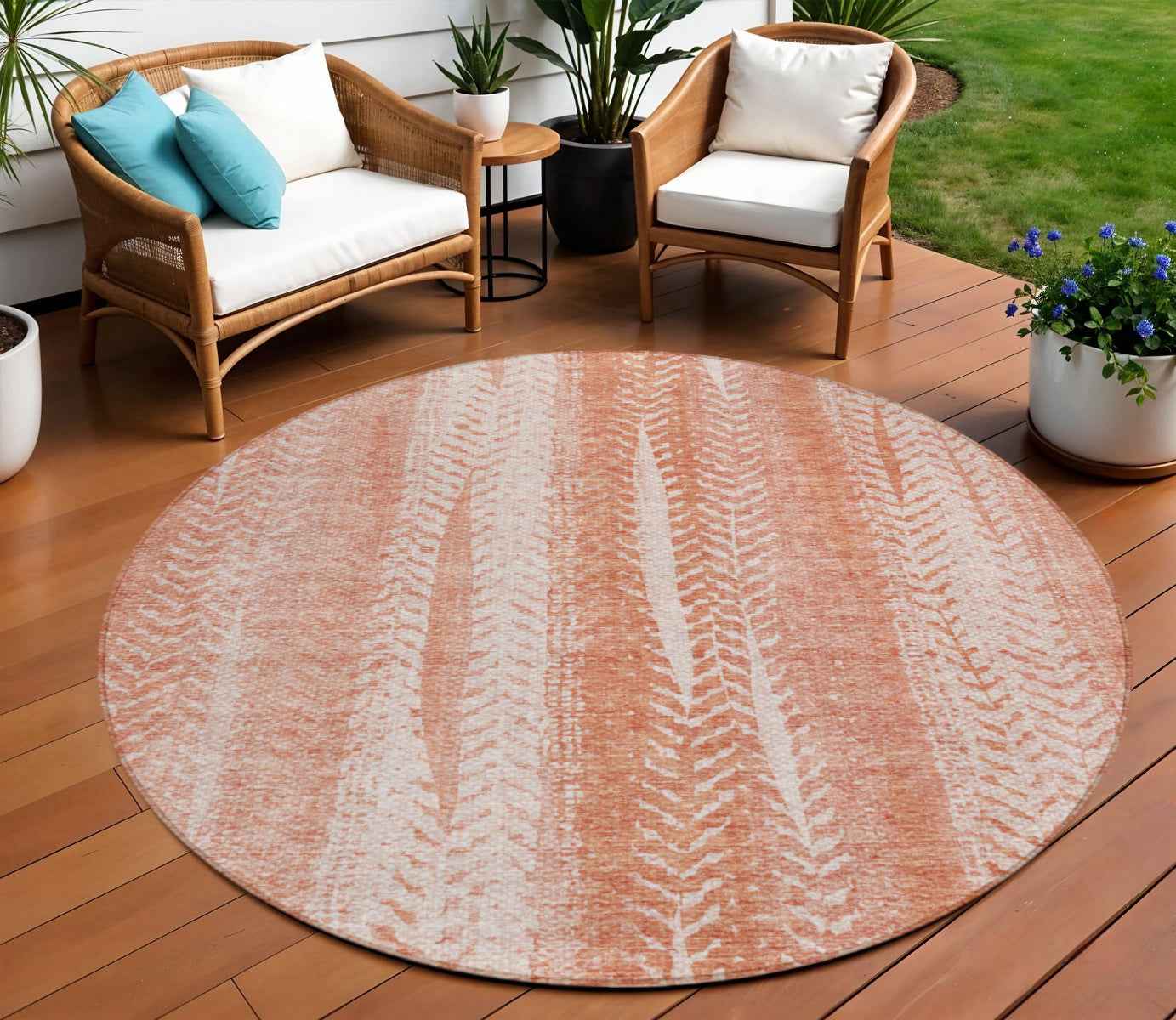 8' Orange And Salmon Round Botanical Leaves Washable Indoor Outdoor Area Rug