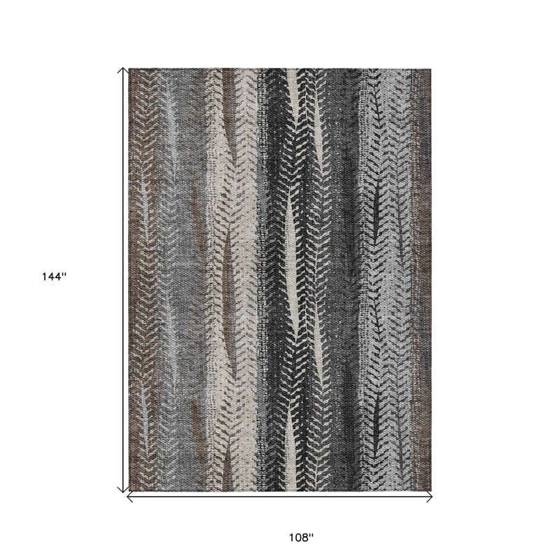 9' X 12' Brown Gray And Ivory Botanical Leaves Washable Indoor Outdoor Area Rug