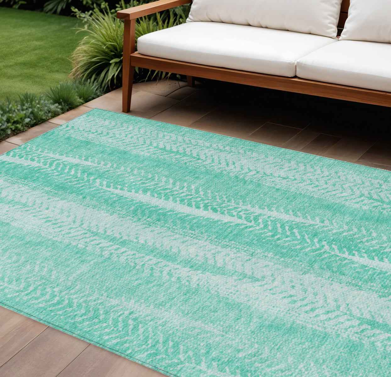8' X 10' Aqua Teal Blue And Ivory Botanical Leaves Washable Indoor Outdoor Area Rug