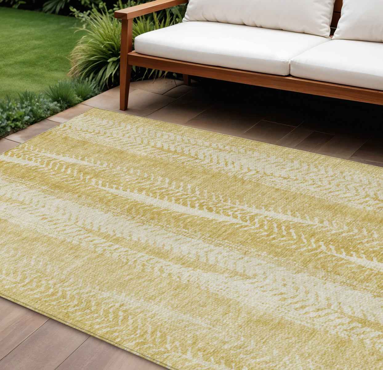 9' X 12' Gold Wheat And Ivory Botanical Leaves Washable Indoor Outdoor Area Rug