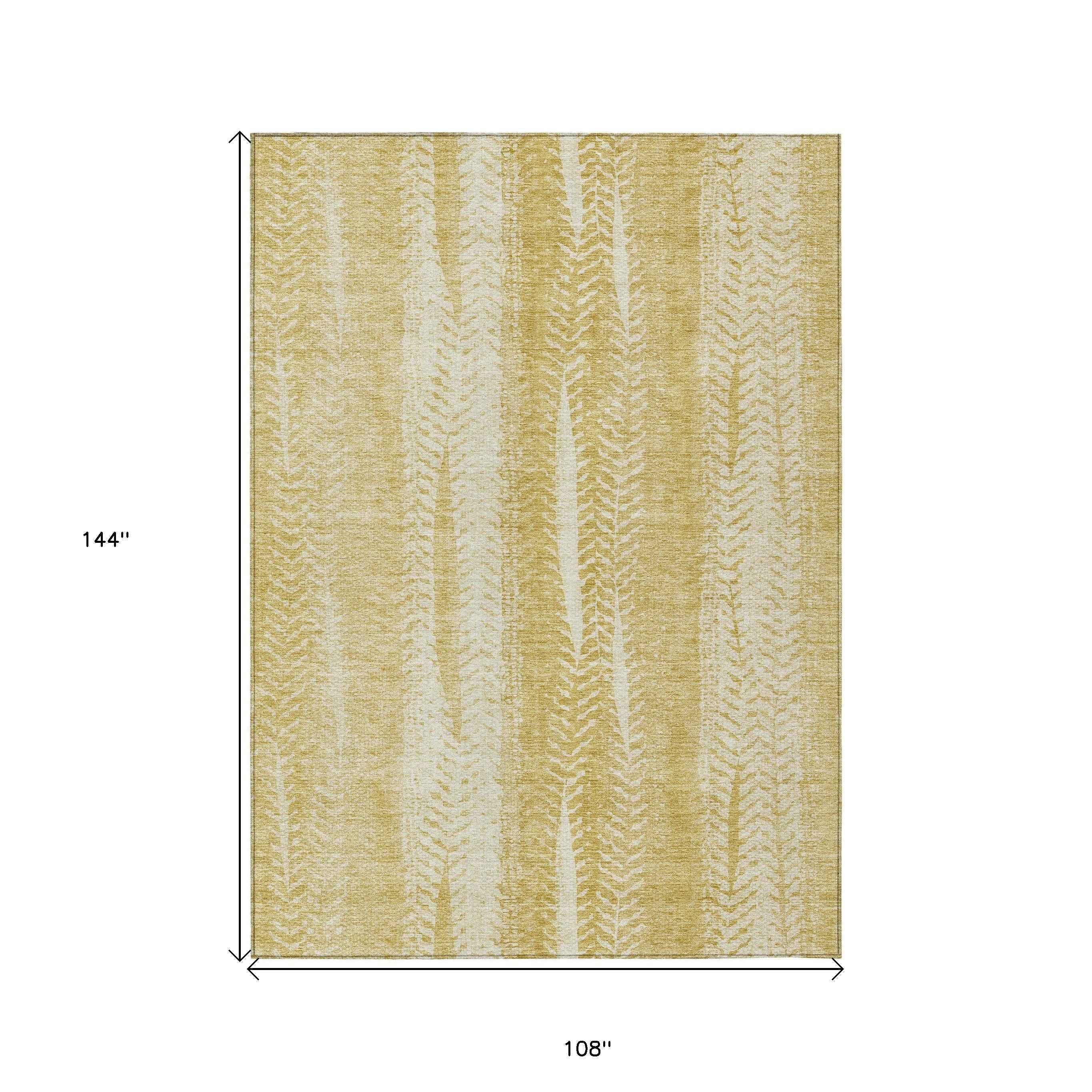 9' X 12' Gold Wheat And Ivory Botanical Leaves Washable Indoor Outdoor Area Rug