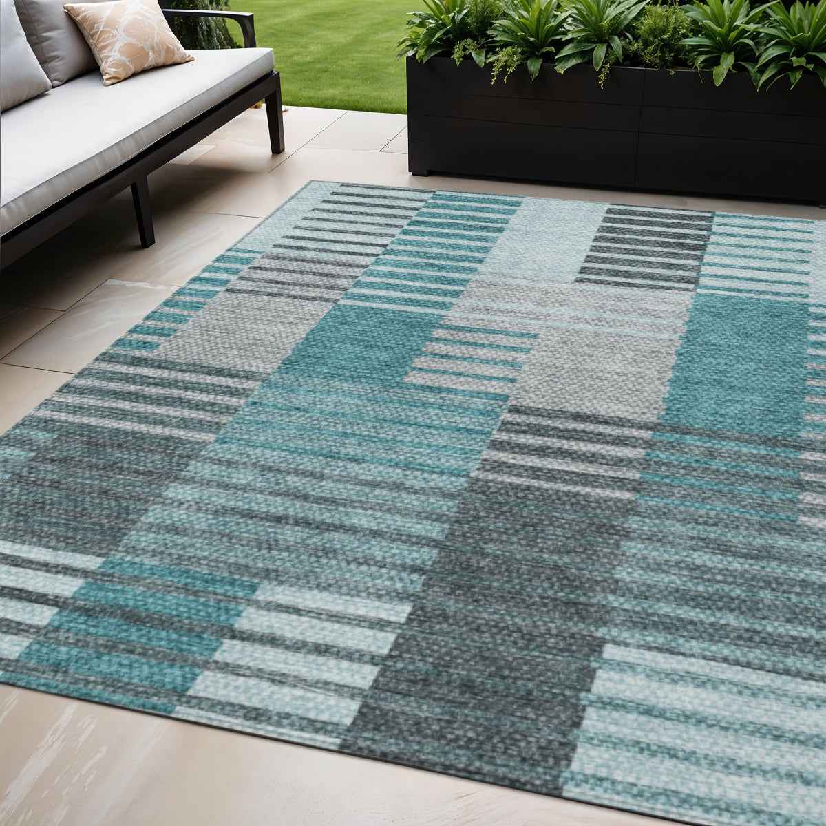 5' X 8' Teal Blue Aqua And Gray Striped Washable Indoor Outdoor Area Rug